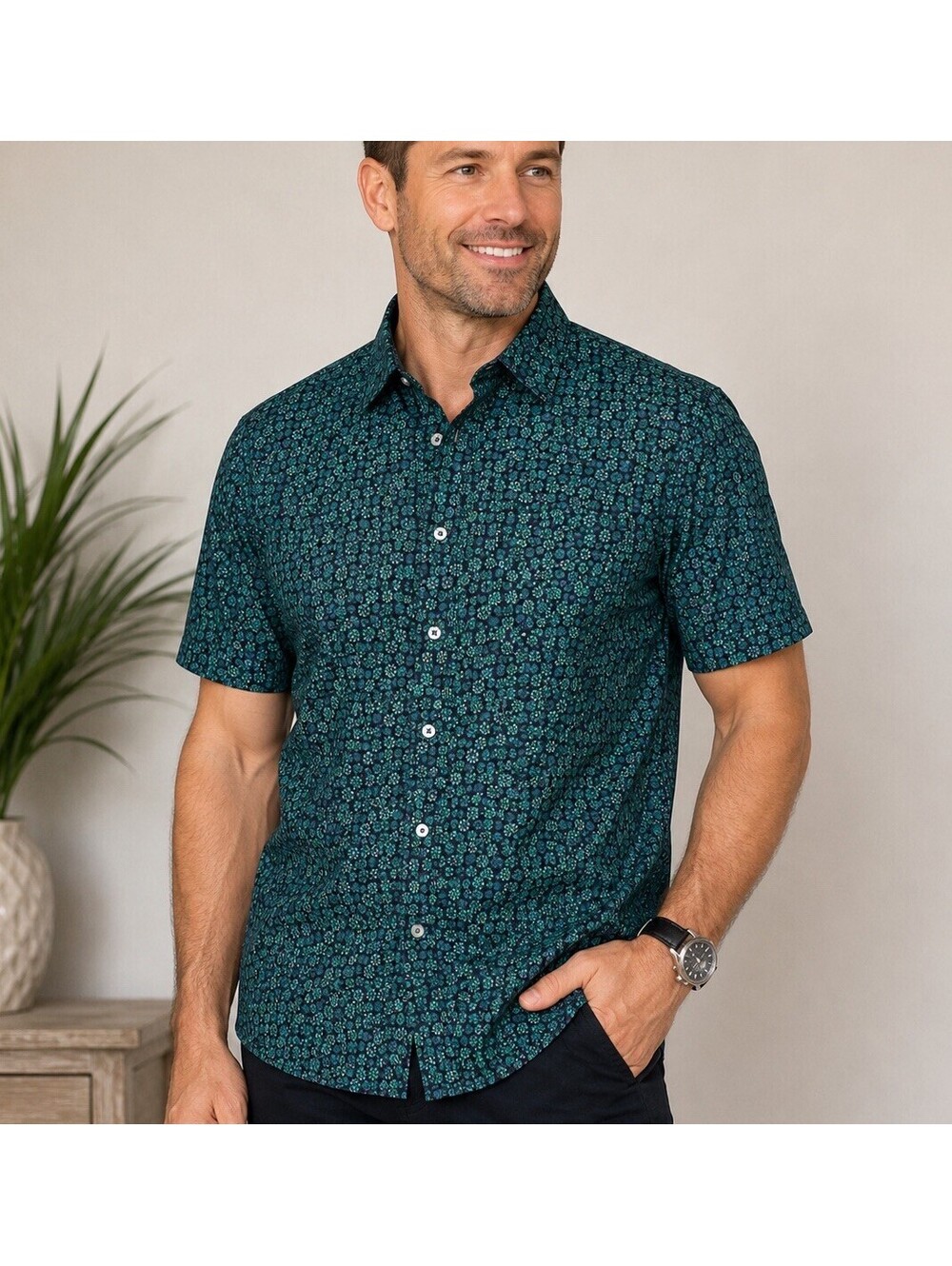 Nick Graham Everywhere Stretch Modern Fit XL Men Button Up Shirt Floral Green